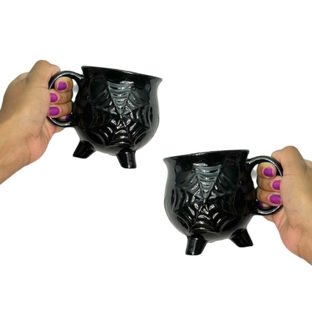 2 MUG set Witches Cauldron Black Ceramic 16oz Cups 3D Embossed Spider Web Mug
